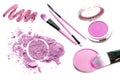 Purple color tone make up cosmetic product. Powder lipgloss and eyeshadow