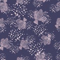 Purple colored lionfish seamless pattern in abstract style. Navy blue background with splashes. Random print Royalty Free Stock Photo