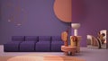 Purple colored modern living room, pastel colors, sofa, vases, carpet, coffee tables, frosted glass panels, copper pendant lamps.