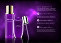 Purple cosmetic products with template on purple aura background