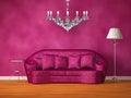 Purple couch with table, lamp and chandelier