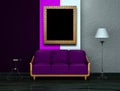 Purple couch with table, stand lamp with frame Royalty Free Stock Photo