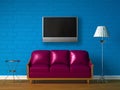 Purple couch, table and standard lamp with LCD TV Royalty Free Stock Photo