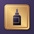 Purple Cream or lotion cosmetic tube icon isolated on purple background. Body care products for woman. Gold square
