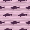 Purple creative fish silhouettes seamless pattern. Lilac stripped background. Underwater plankton wildlife