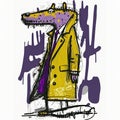 purple crocodile in a yellow raincoat sticky sticker white background creative and strange hight detailed raw expressive