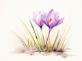 Purple crocus flower in the grass. Watercolor illustration. Generative AI Royalty Free Stock Photo