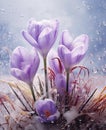 three purple crocus flowers in the snow with water Royalty Free Stock Photo