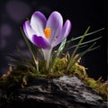 Purple crocus growing in the middle of the moss. Flowering flowers, a symbol of spring, new life Royalty Free Stock Photo