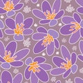 Purple crocus large scale seamless pattern on purple background.