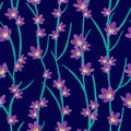 Purple crocus seamless pattern in purple and green colours on dark background