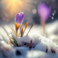 Purple Crocus spring flower growing in snow. Royalty Free Stock Photo