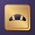 Purple Croissant icon isolated on purple background. Gold square button. Vector