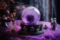 Purple crystal ball to predict the fate or future telling ritual in purple smoke on the table, esoterics concept