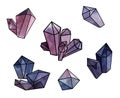 Purple crystals set - watercolor illustration of minerals and geometric forms