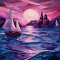 Purple Cubism Seascape Abstract