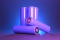 5 purple cylindrical batteries. Rechargeable li-ion batteries for electrical appliances and devices