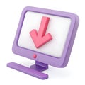 Purple 3d computer monitor with pink down arrow on white screen display technology Royalty Free Stock Photo