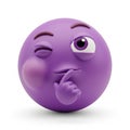 Purple 3D emoji with a thinking gesture and a winking eye on a white background finger on lips Royalty Free Stock Photo