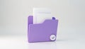 Purple 3D folder icon with papers inside. Checkmark symbol on folder indicates approval or completion. Isolated on a light grey Royalty Free Stock Photo