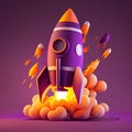 Purple 3D rocket with fiery blast off. Startup and business concept. Generative AI Royalty Free Stock Photo