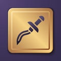 Purple Dagger icon isolated on purple background. Knife icon. Sword with sharp blade. Gold square button. Vector