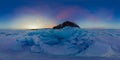 Purple dawn of ice hummocks on Lake Baikal on the island of Olkhon. Spherical 360 vr degree panoramic view