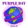 Purple Day background with ribbon around globe in cartoon style for World Epilepsy Day. Vector illustration