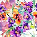 Purple daylily bouquet floral botanical flowers. Watercolor background illustration set. Seamless background pattern. Royalty Free Stock Photo