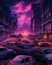 Purple Destroyed City filled with cars illustration art