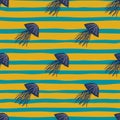 Purple diagonal jellyfish ornament seamless pattern. Yellow and turquoise stripped backdrop. Undersea artwork