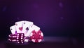 Purple dice with red and black casino chips and playing cards in purple blank scene Royalty Free Stock Photo