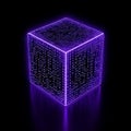 A purple digital binary data or code matrix cube against a dark blue background. A computer screen displaying cyberspace Royalty Free Stock Photo