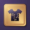 Purple Dirty t-shirt icon isolated on purple background. Gold square button. Vector