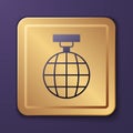 Purple Disco ball icon isolated on purple background. Gold square button. Vector Royalty Free Stock Photo