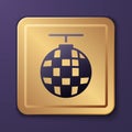 Purple Disco ball icon isolated on purple background. Gold square button. Vector Royalty Free Stock Photo