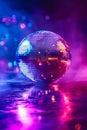 Purple disco ball is illuminated in dark room with reflection of itself on its surface. Generative AI Royalty Free Stock Photo