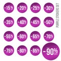 Purple discount stickers set with sale percents numbers. From ten to eighty five