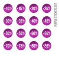 Purple discount stickers set with sale percents numbers. From ten to eighty five