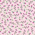 Purple ditsy flowers pattern design on pastel pink background