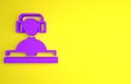 Purple DJ wearing headphones in front of record decks icon isolated on yellow background. DJ playing music. Minimalism