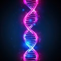 Purple DNA strand with neon glow effect on black background. Abstract representation of shiny, glowing DNA molecule. Science and