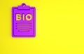 Purple Document for bio green healthy food icon isolated on yellow background. Organic product. Healthy food sticker