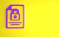 Purple Document and lock icon isolated on yellow background. File format and padlock. Security, safety, protection