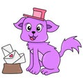 The purple dog is carrying the postal mail to deliver, doodle icon image kawaii