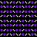 purple dog paws with bones black background, dog or cat footprints, footprints pattern