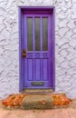 Purple Door with Worn Rug