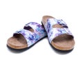 Purple Double Strap Sandals with a colorful print on the faux leather straps, with a soft micro suede foot bed and cork