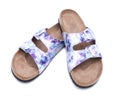 Purple Double Strap Sandals with a colorful print on the faux leather straps, with a soft micro suede foot bed and cork