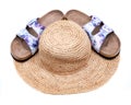 Purple Double Strap Sandals with a colorful print on the faux leather straps, with a soft micro suede foot bed and cork